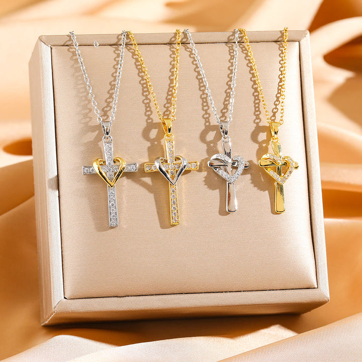 Christianartworkshop Dual - Tone Heart & Cross Necklace with Zircons: Fusion of Love and Faith - Golden Cross with Golden Heart - image 0