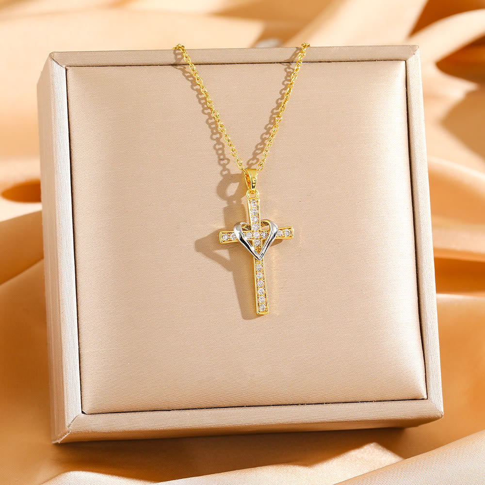 Christianartworkshop Dual - Tone Heart & Cross Necklace with Zircons: Fusion of Love and Faith - Golden Cross with Silver Heart - image 3