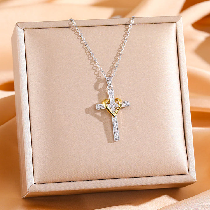 Christianartworkshop Dual - Tone Heart & Cross Necklace with Zircons: Fusion of Love and Faith - Silver Cross with Golden Heart - image 4