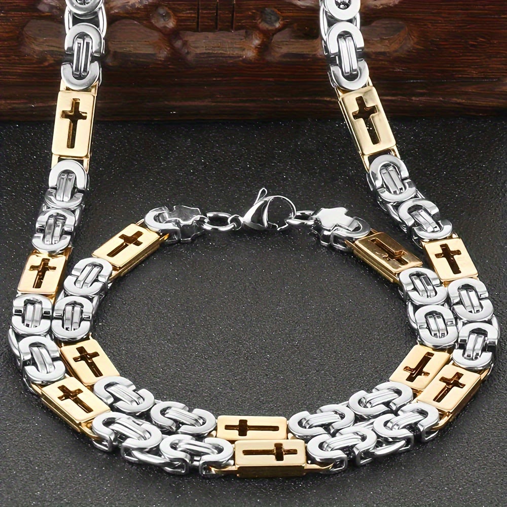 Christianartworkshop Tri - Color Cross - Embedded Chain Necklace & Bracelet: Bold Faith Statement - Necklace - Golden and Silver - 6MM - image 0