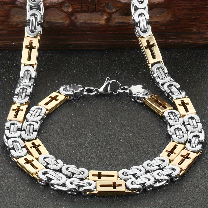 Christianartworkshop Tri - Color Cross - Embedded Chain Necklace & Bracelet: Bold Faith Statement - Necklace - Golden and Silver - 6MM - image 0