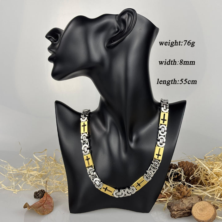 Christianartworkshop Tri - Color Cross - Embedded Chain Necklace & Bracelet: Bold Faith Statement - Necklace - Golden and Silver - 8MM - image 2