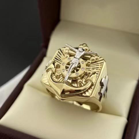 Christianartworkshop Golden Artistic Ring with Silver Jesus Crucifix: A Symbol of Devotion - Crucifix - US13 - image 0