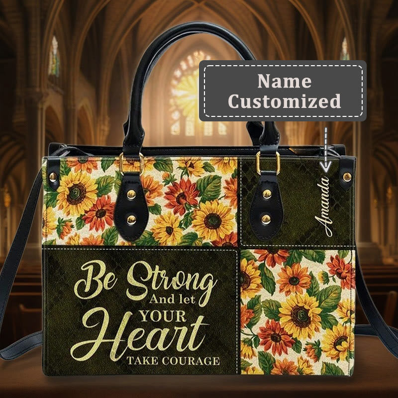 Christianartworkshop Patchwork Personalized Leather Handbag with Sunflowers & Inspirational Quote - XL - Name Customized - image 6