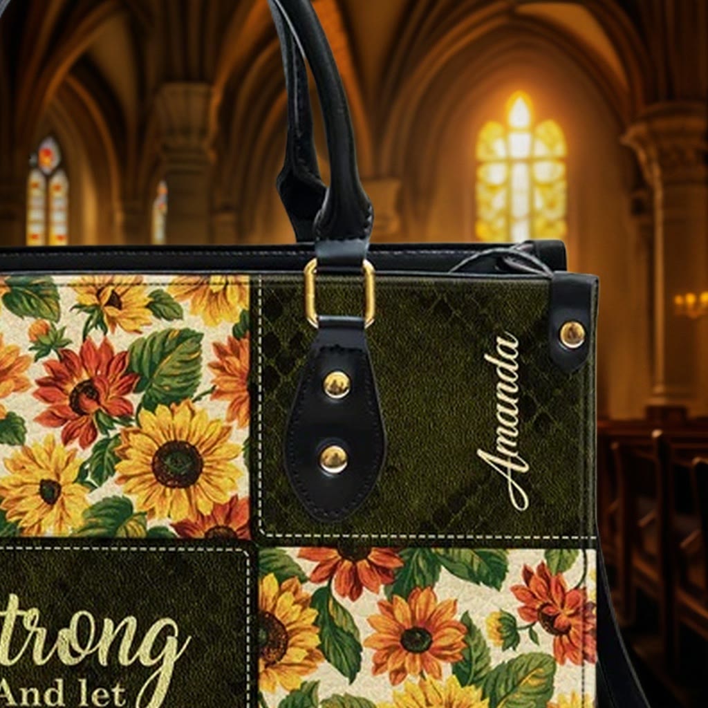 Christianartworkshop Patchwork Personalized Leather Handbag with Sunflowers & Inspirational Quote - image 7