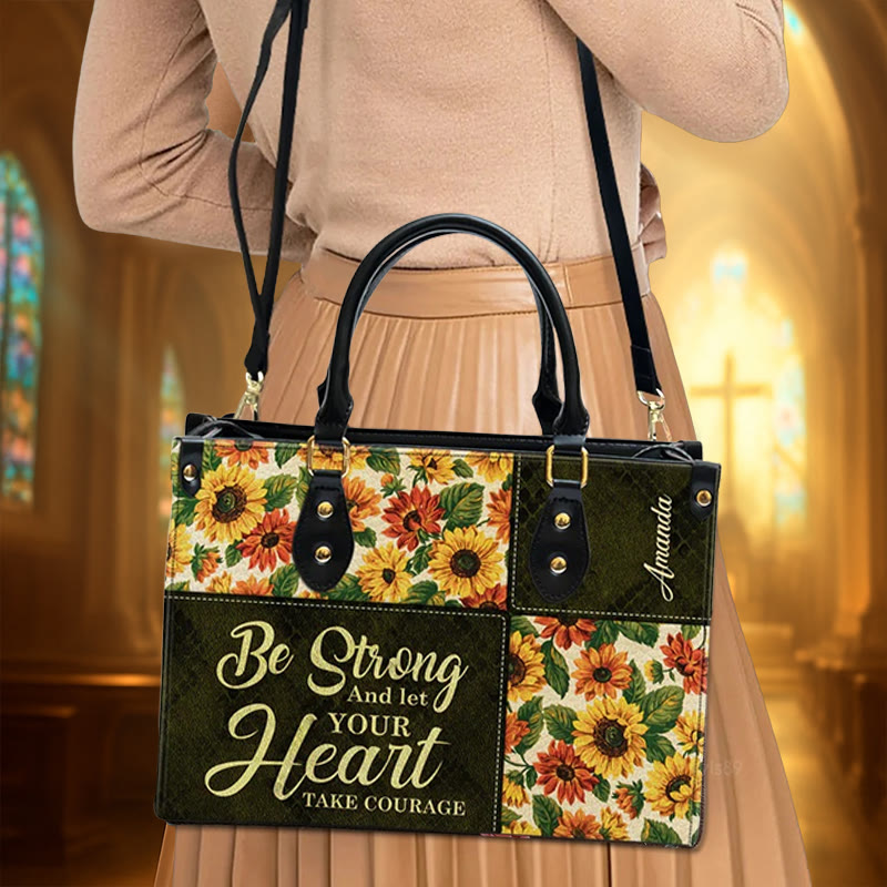 Christianartworkshop Patchwork Personalized Leather Handbag with Sunflowers & Inspirational Quote - image 3