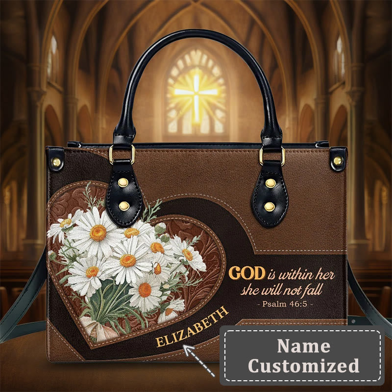 Christianartworkshop Psalm 46:5 Inspired Personalized Leather Handbag with Daisies & Heart Design - XL - Name Customized - image 7