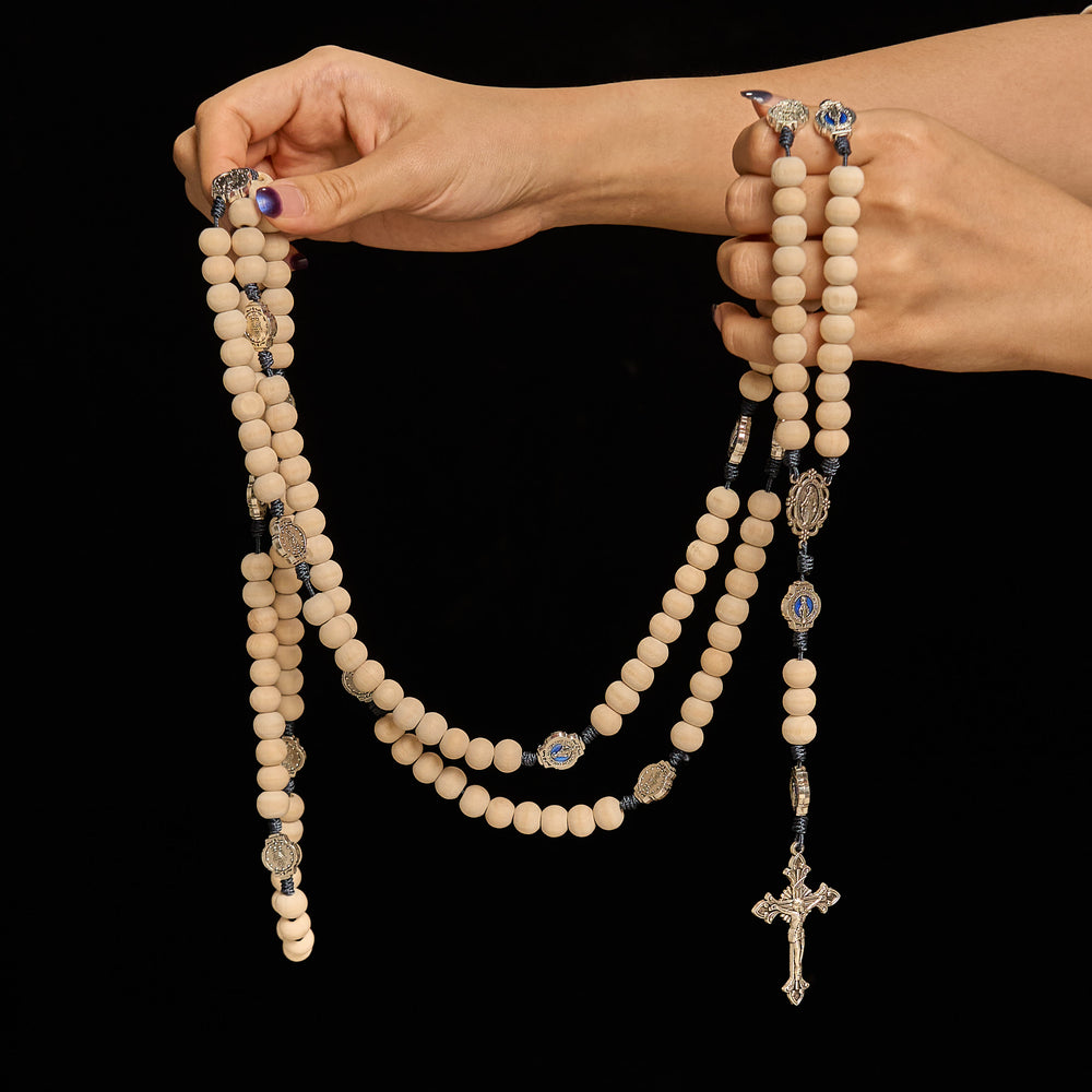Christianartworkshop Traditional Ivory Bead Fifteen Decade Prayer Rosary with Miraculous Medal - image 1