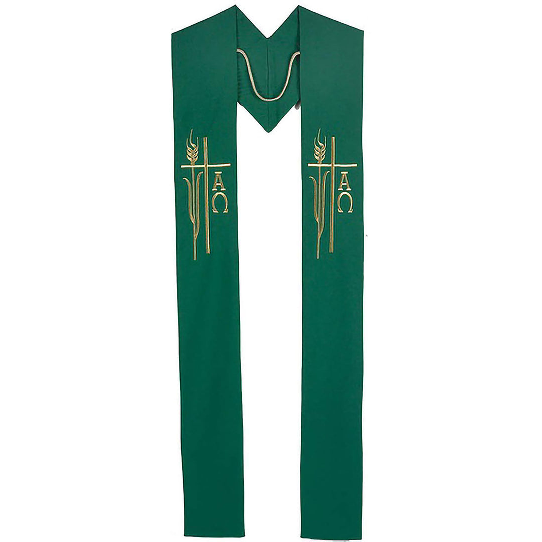 Christianartworkshop Sacred Green Clergy Stole with Gold Cross, Wheat & Alpha Omega Details - Green - Standard Liturgical (270cm Total) - image 0