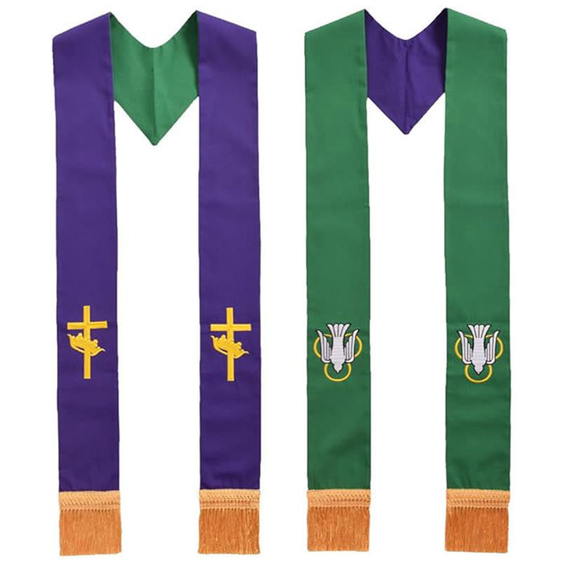 Christianartworkshop Purple & Green Clergy Stole with Reversible Gold Cross and Holy Spirit Designs - Purple - Standard Liturgical (270cm Total) - image 0