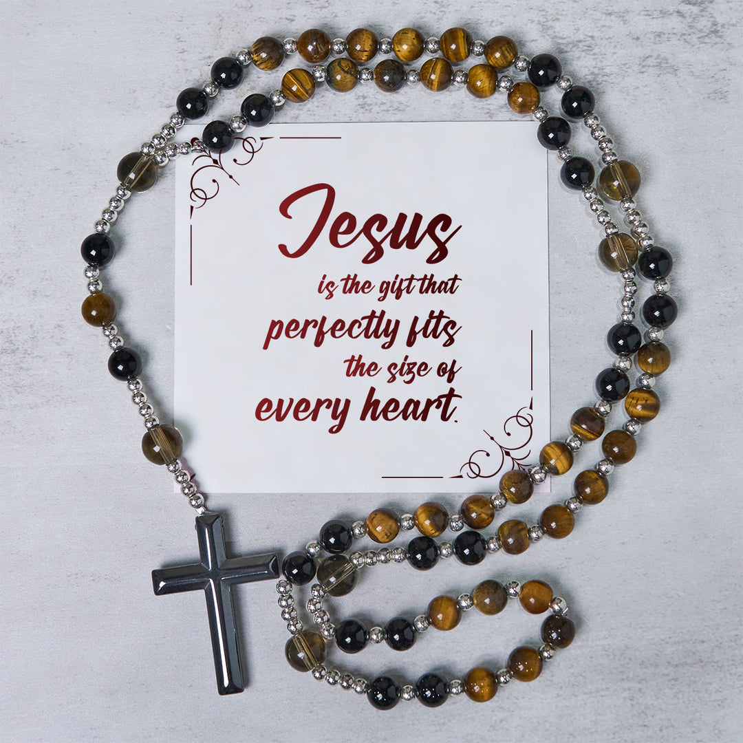 Christianartworkshop PRAYERFUL FAITH: Handmade Natural Obsidian Tiger's Eye Rosary with Gift Card - Jesus is the Gift - image 2