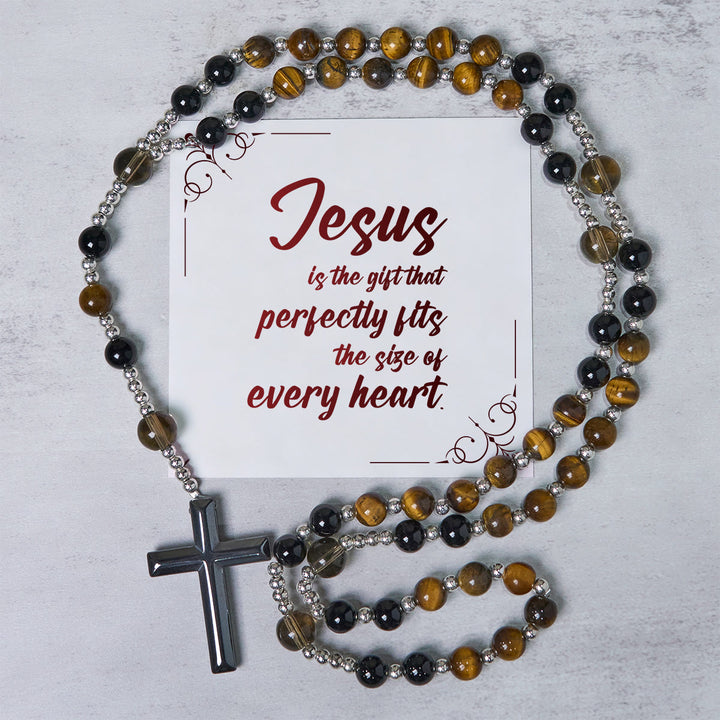 Christianartworkshop PRAYERFUL FAITH: Handmade Natural Obsidian Tiger's Eye Rosary with Gift Card - Jesus is the Gift - image 2