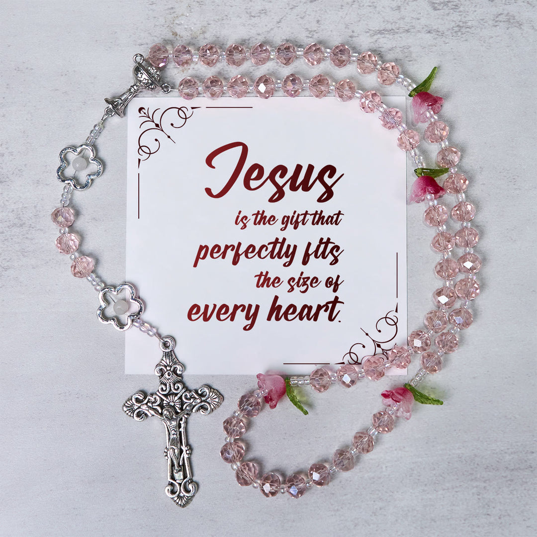 Christianartworkshop Jesus Is The Gift: Handmade Elegant Pink Crystal Rosary with 3D Rose Beads with Gift Card - Jesus is the Gift - image 0