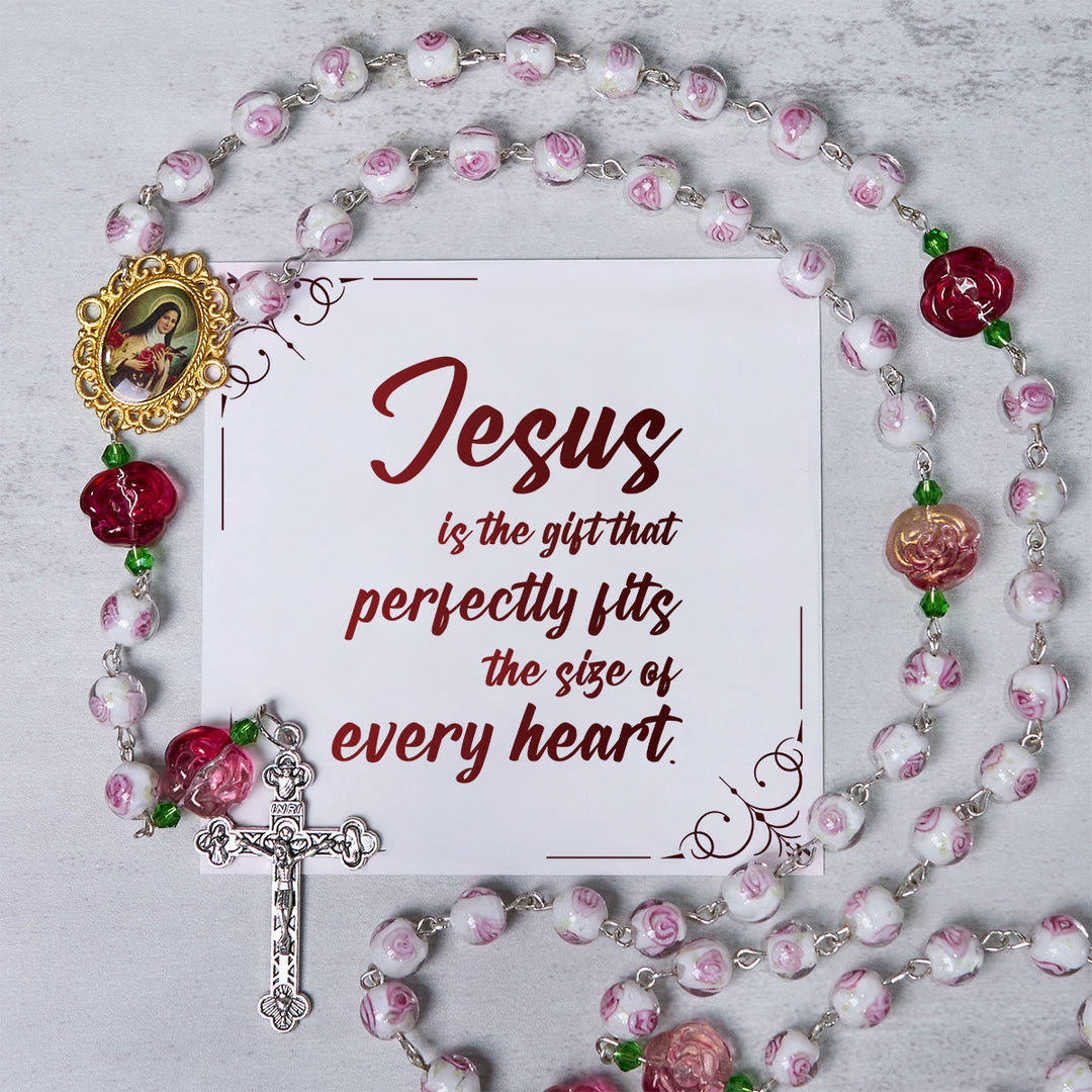 Christianartworkshop PRAYERFUL FAITH: Handmade Rose & Ivory Floral Elegance Rosary with Gift Card - Jesus is the Gift - image 0