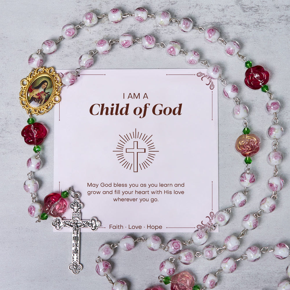 Christianartworkshop PRAYERFUL FAITH: Handmade Rose & Ivory Floral Elegance Rosary with Gift Card - Child of God - image 1