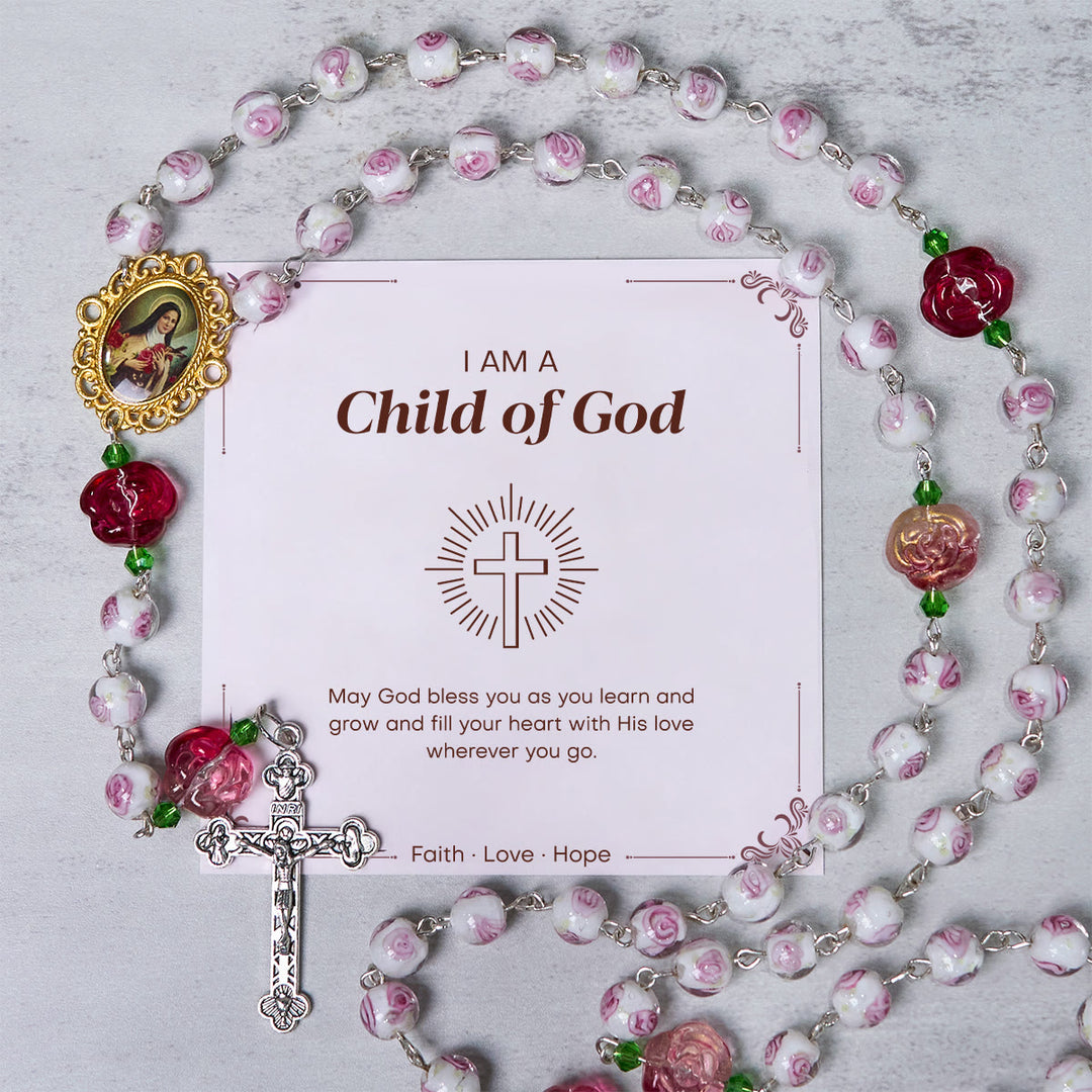 Christianartworkshop PRAYERFUL FAITH: Handmade Rose & Ivory Floral Elegance Rosary with Gift Card - Child of God - image 1