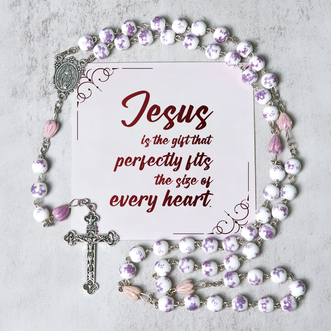 Christianartworkshop PRAYERFUL FAITH: Handmade Purple Flower Beads Rosary with Gift Card - Jesus is the Gift - image 2