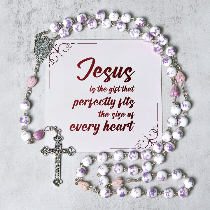 Christianartworkshop PRAYERFUL FAITH: Handmade Purple Flower Beads Rosary with Gift Card - Jesus is the Gift - image 2