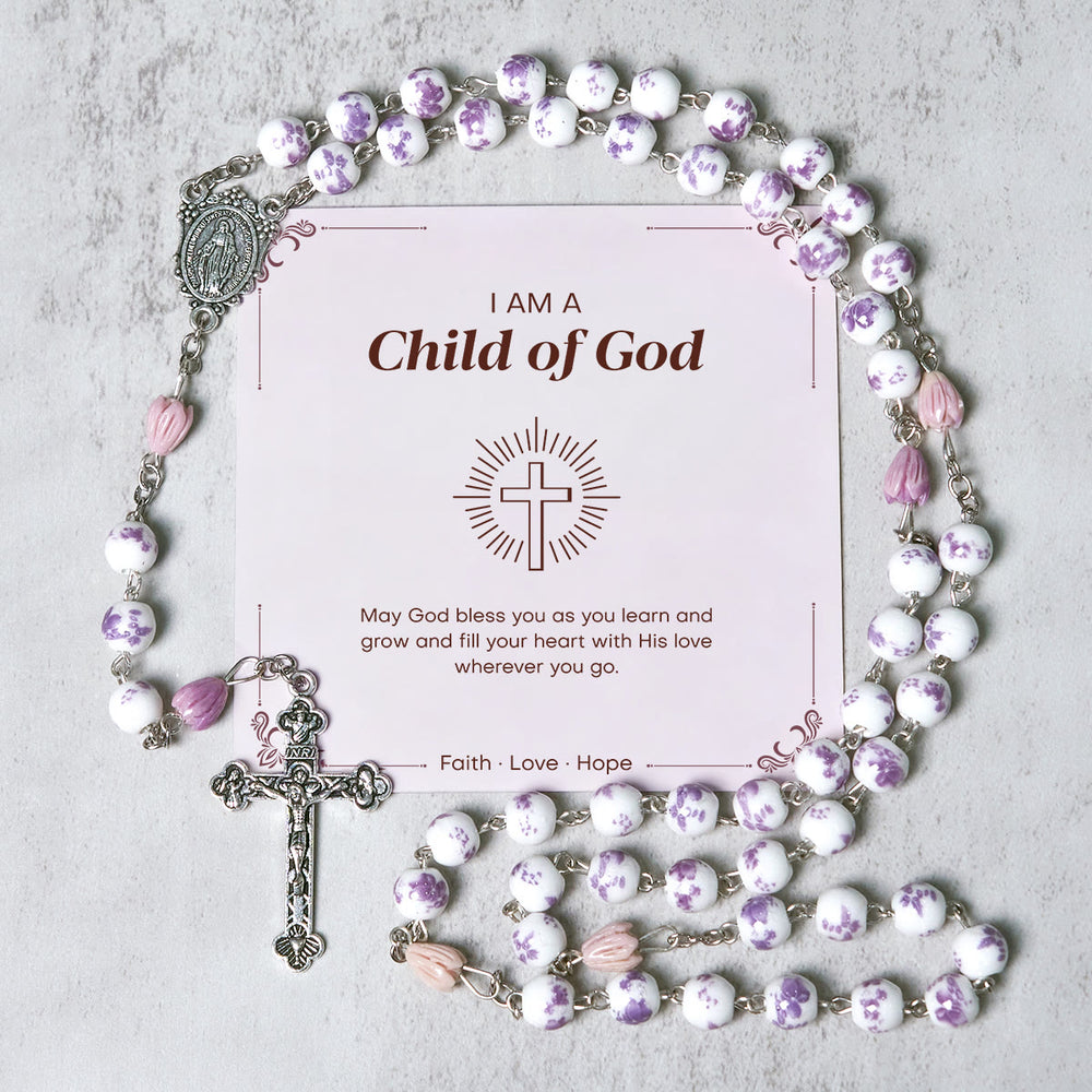 Christianartworkshop PRAYERFUL FAITH: Handmade Purple Flower Beads Rosary with Gift Card - Child of God - image 1