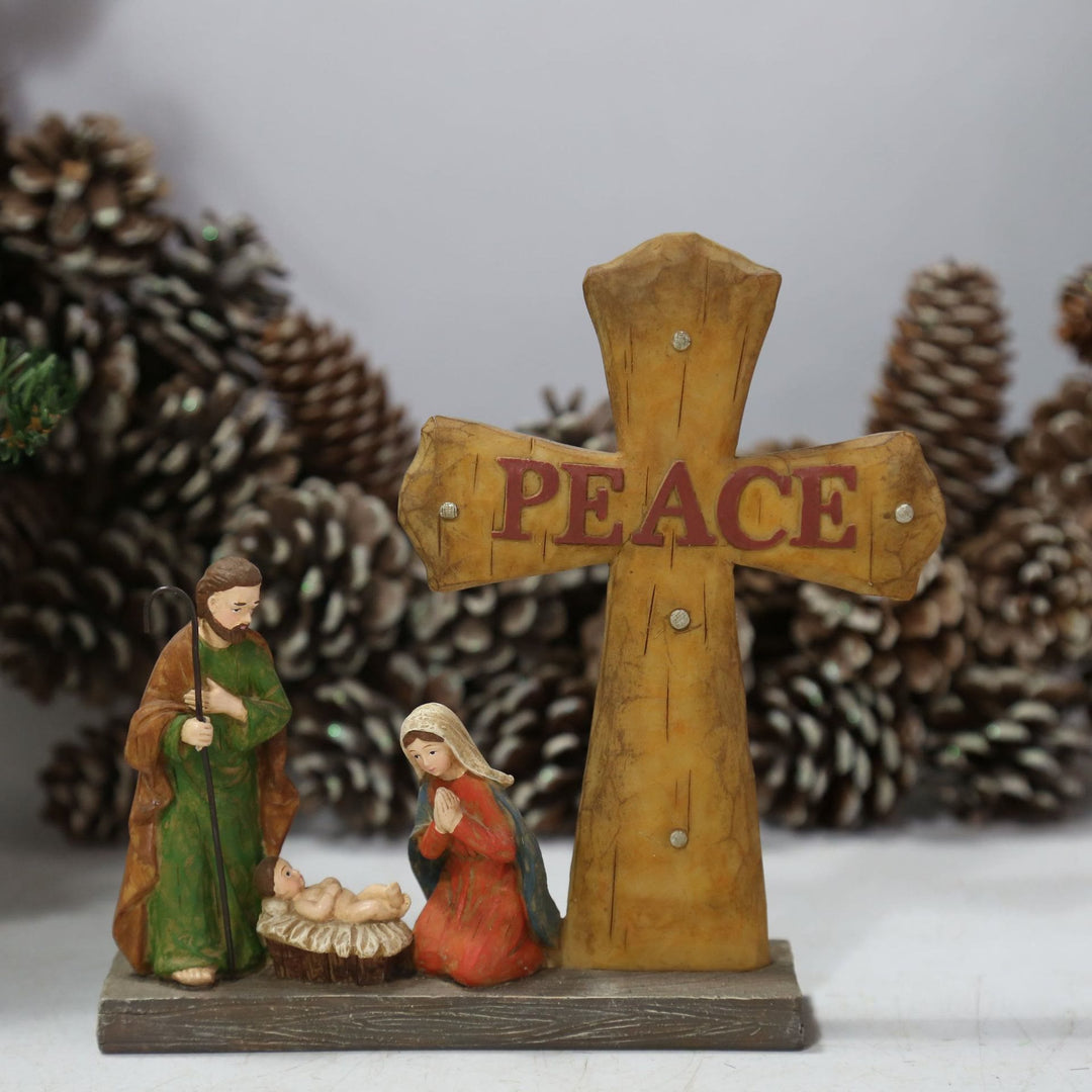Christianartworkshop Vintage PEACE Cross Nativity Scene Holy Family Figurine - Holy Family with Cross - image 0