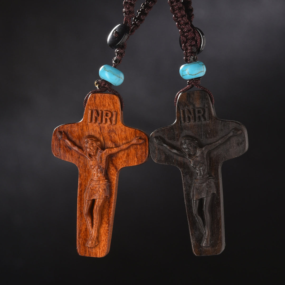 Christianartworkshop Dual - Color Wooden Jesus Cross Keychain with INRI & Turquoise Bead - Not Rosewood - image 0