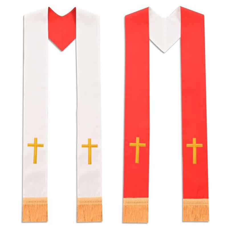 Christianartworkshop Multi-Color V-Neck Liturgical Clergy Stole with Decorative Fringe for Church - Red & White (Lower Cross) - Standard Liturgical (270cm Total) - image 1