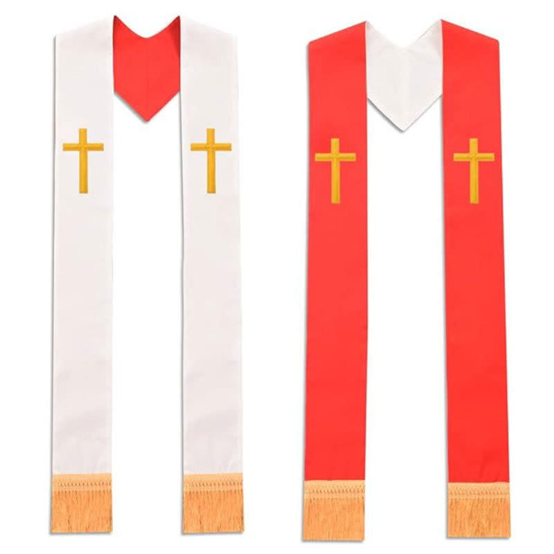 Christianartworkshop Multi-Color V-Neck Liturgical Clergy Stole with Decorative Fringe for Church - Red & White (Upper Cross) - Standard Liturgical (270cm Total) - image 0