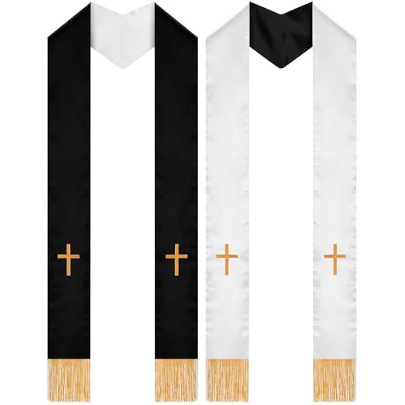 Christianartworkshop Traditional Multi-Color Clergy Stole with V-Neck & Straight Neck - Black & White (Reversible) - Standard Liturgical (270cm Total) - image 0