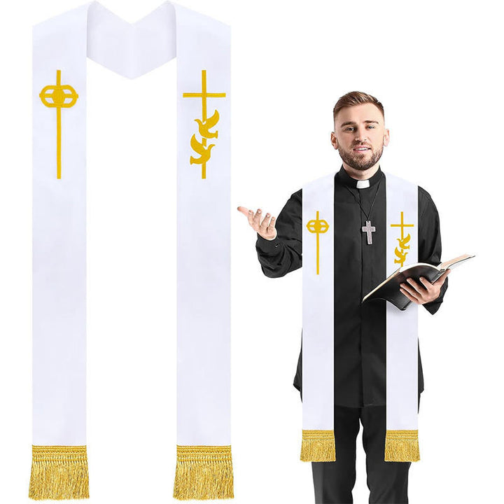 Christianartworkshop Pure White Liturgical Stole with Golden Cross and Holy Spirit Dove - White - Standard Liturgical (270cm Total) - image 0