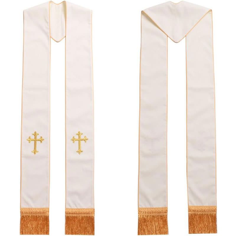 Christianartworkshop Ceremonial White Clergy Stole with Colored Crosses and Golden Fringe - Golden Cross - Standard Liturgical (270cm Total) - image 1