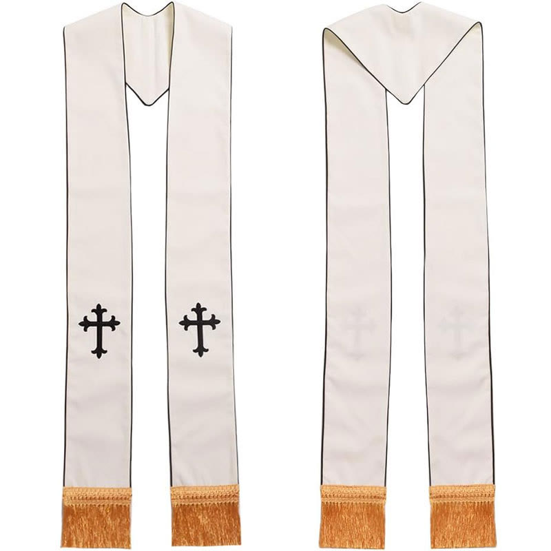 Christianartworkshop Ceremonial White Clergy Stole with Colored Crosses and Golden Fringe - Black Cross - Standard Liturgical (270cm Total) - image 0
