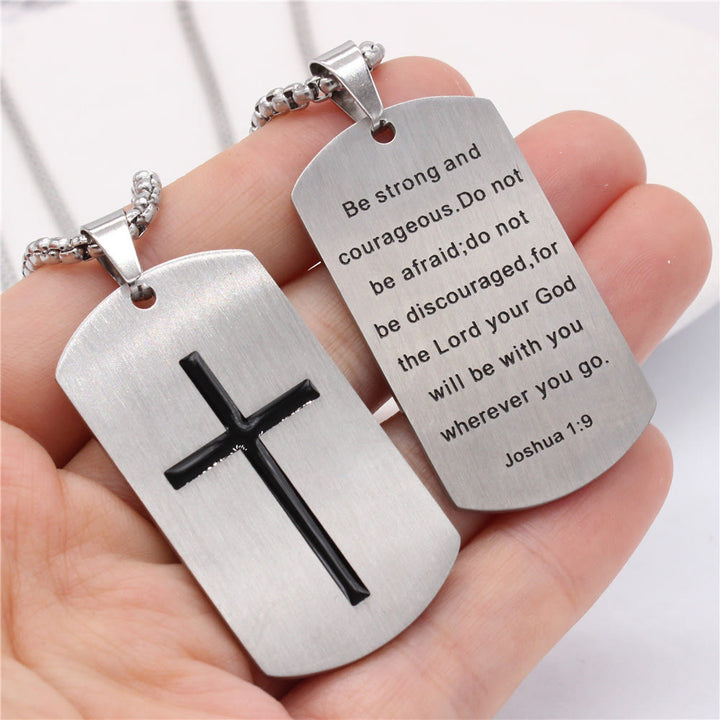 Christianartworkshop Stainless Steel Cross & Joshua 1:9 Dual - Sided Necklace for Courage - Silver - image 0