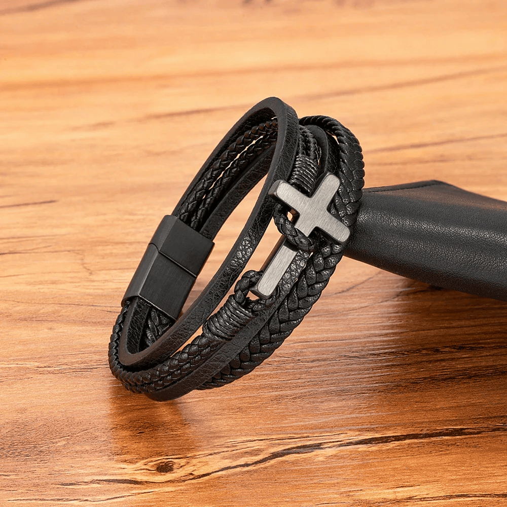 Christianartworkshop Tri - Color Stainless Steel Cross & Braided Leather Fashion Bracelet - image 1