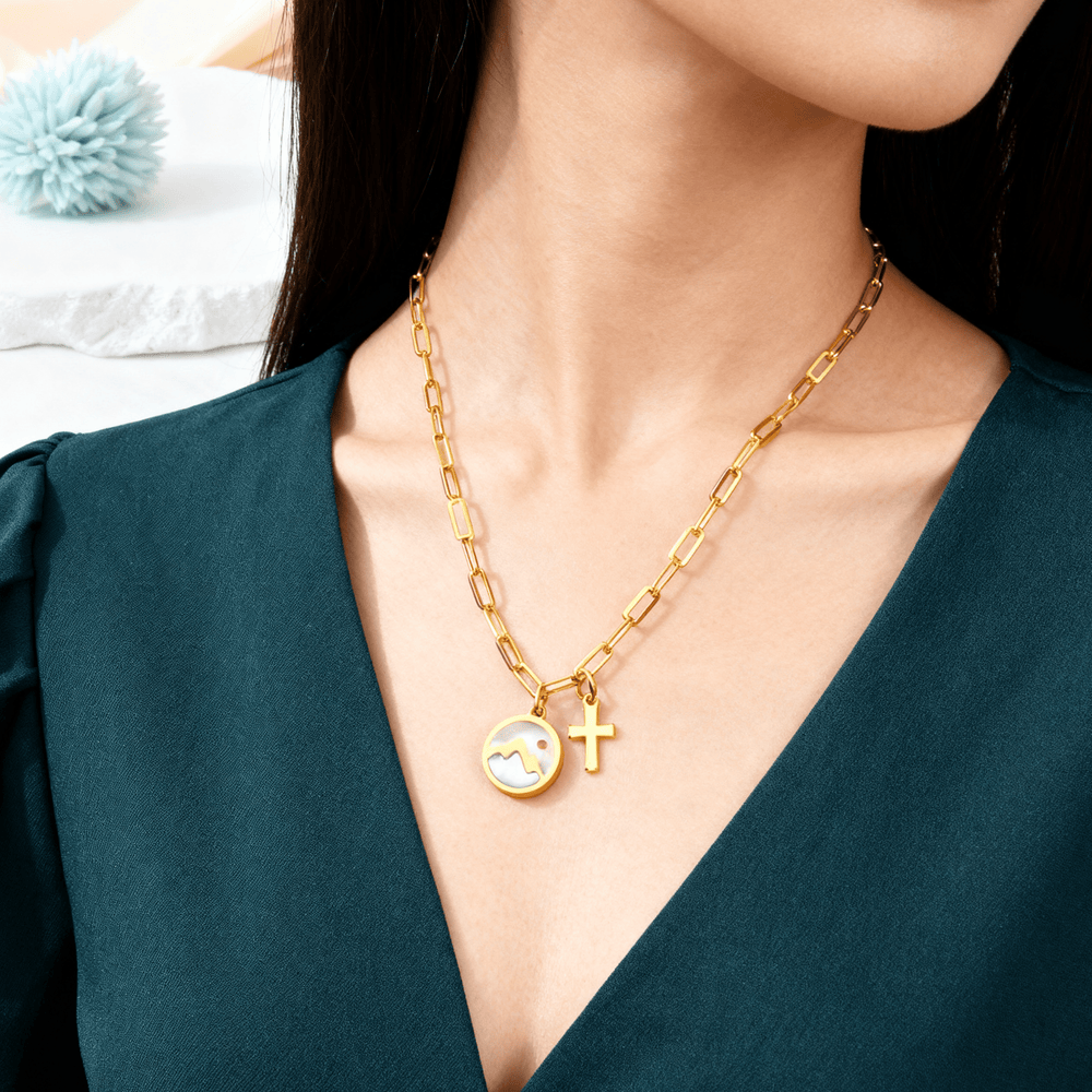 Christianartworkshop Golden Cross, Mountain & Mustard Seed Pendant Necklace: Faith Meets Nature - image 1