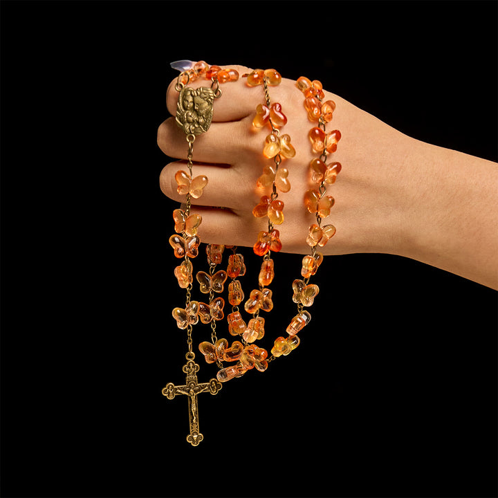 Christianartworkshop Amber Butterfly Beads with Crucifix & Holy Family Animal Rosary - image 1