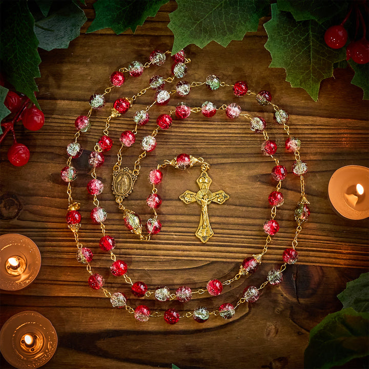 Christianartworkshop PRAYERFUL FAITH: Christmas-Themed Red Bead Rosary with Golden Crucifix & Madonna Medal - image 7