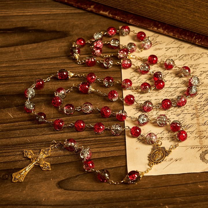 Christianartworkshop Christmas - Themed Red Bead Rosary with Golden Crucifix & Madonna Medal - image 2