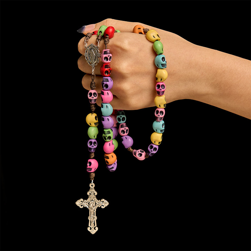 Christianartworkshop Colorful Skull Beads Rosary with Vintage Silver Crucifix - image 1