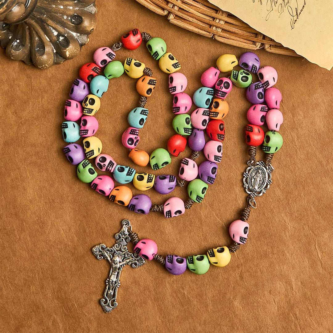 Christianartworkshop Colorful Skull Beads Rosary with Vintage Silver Crucifix - Colorful Halloween - Themed Rosary - image 0