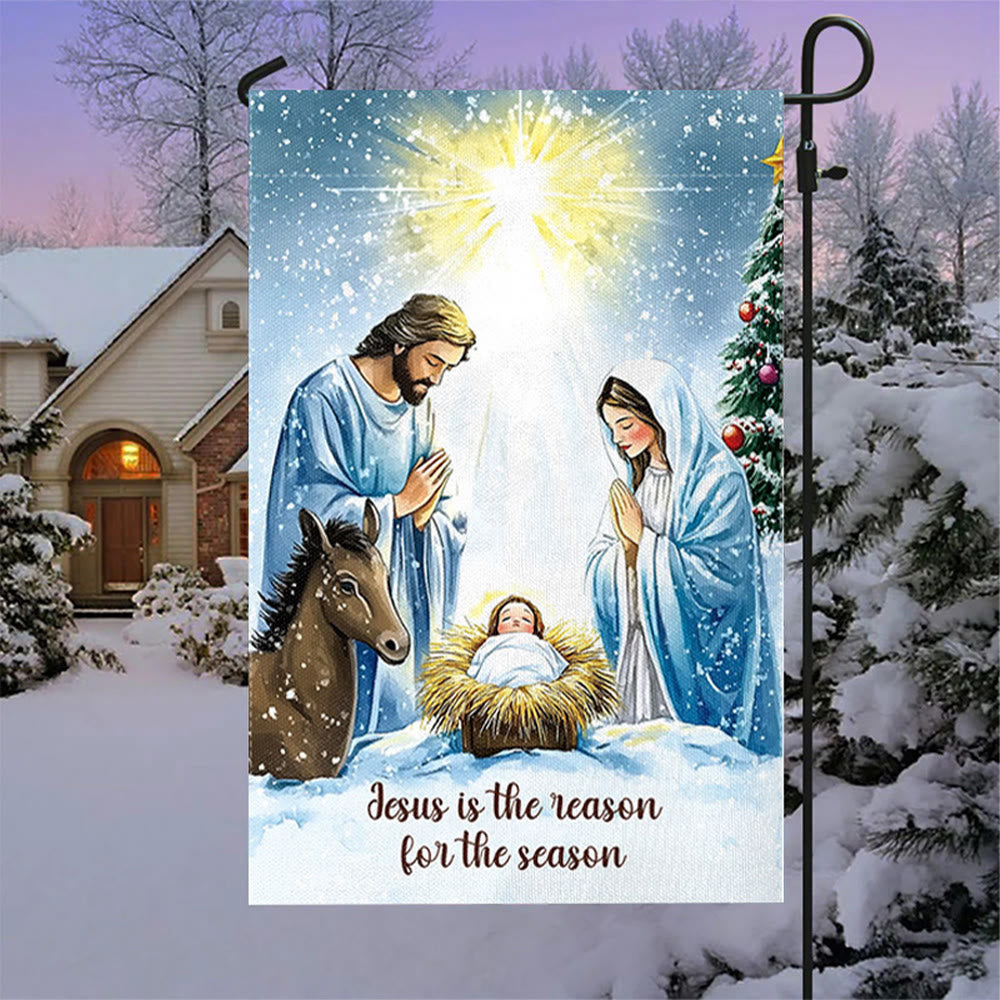 Christianartworkshop Rustic Style Nativity Scene Garden Flag with Holy Family: Embrace Christ's Miracle - 90×150cm (3×5 ft.) - image 0