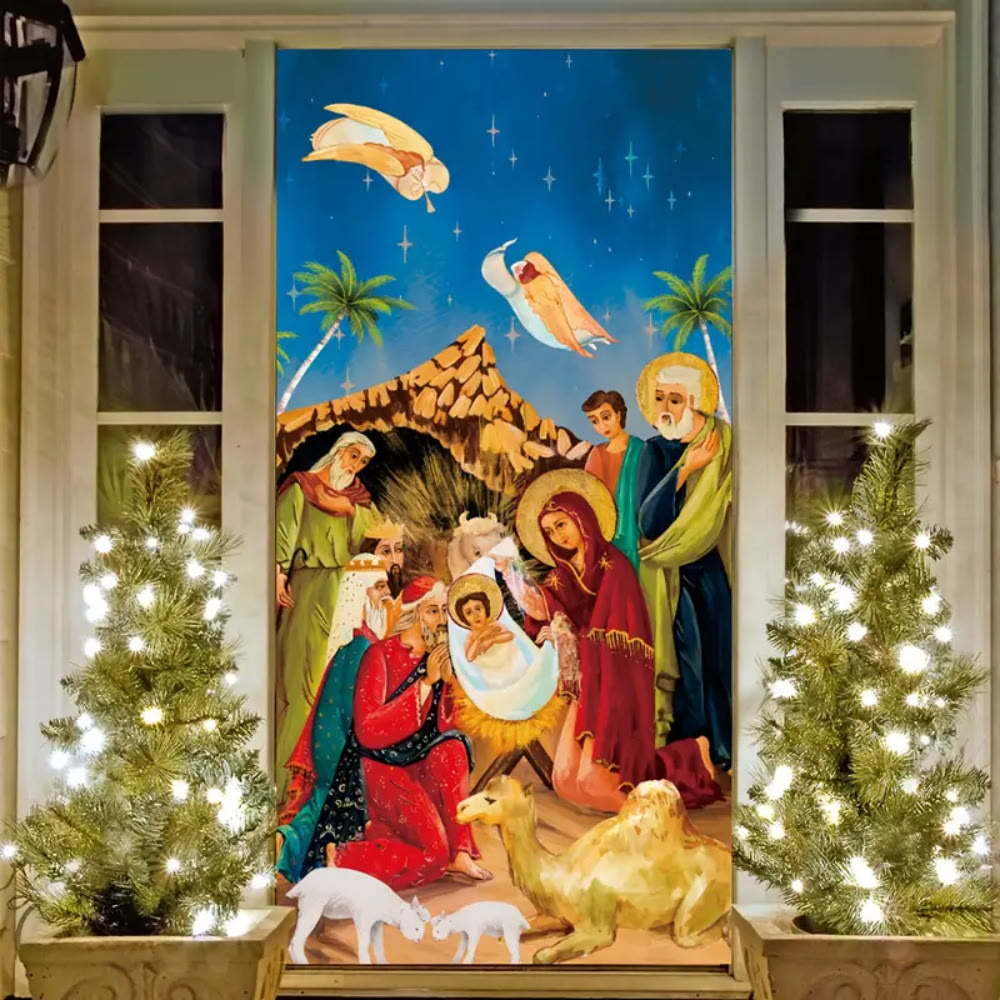 Christianartworkshop Vibrant Nativity Scene Door Curtain: Angels, Wise Men & Holy Family - 90*180cm - image 0