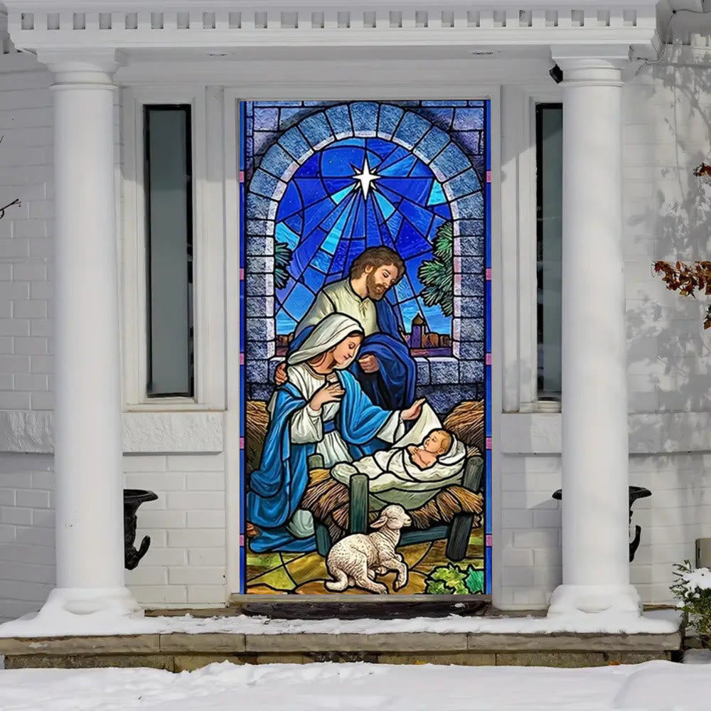 Christianartworkshop Blue - Toned Stained Glass Nativity Door Curtain: Holy Family & Lamb - image 1