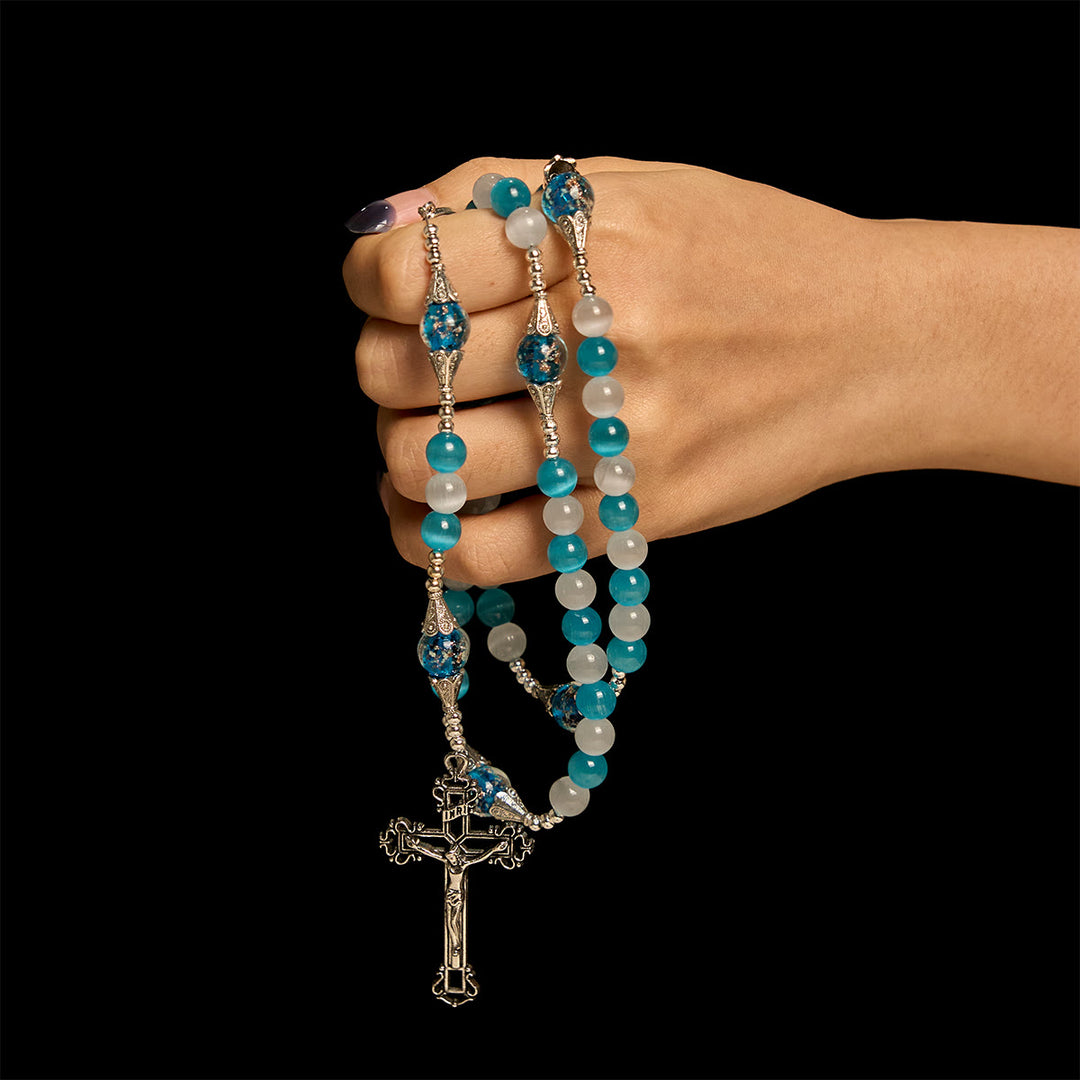Christianartworkshop Glittering Cat's Eye Stone & Blue Star Glass Rosary with Sacred Heart - image 1