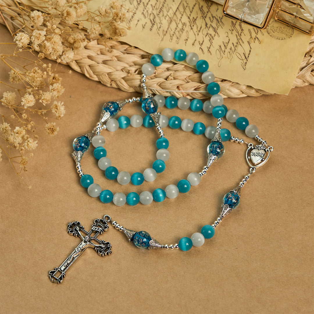 Christianartworkshop Glittering Cat's Eye Stone & Blue Star Glass Rosary with Sacred Heart - image 3