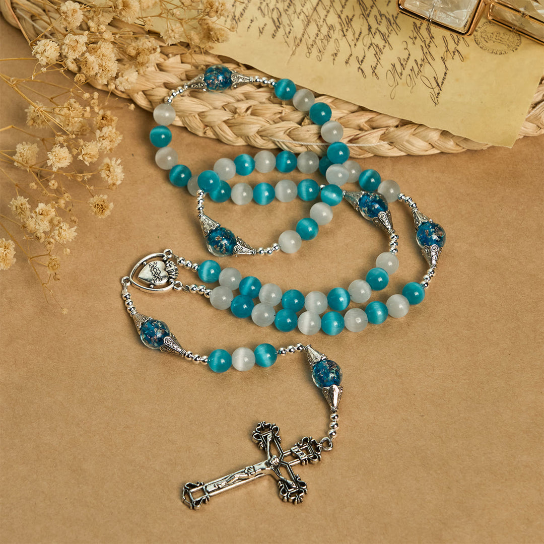 Christianartworkshop Glittering Cat's Eye Stone & Blue Star Glass Rosary with Sacred Heart - image 4