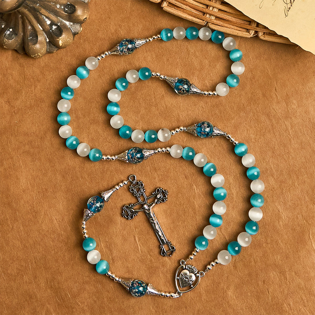 Christianartworkshop Glittering Cat's Eye Stone & Blue Star Glass Rosary with Sacred Heart - image 2