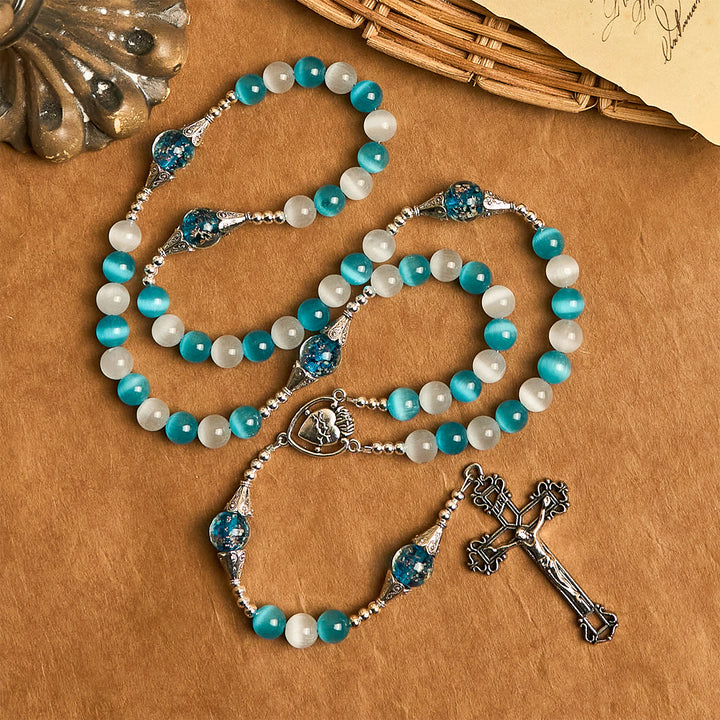 Christianartworkshop Glittering Cat's Eye Stone & Blue Star Glass Rosary with Sacred Heart - Sacred Heart & Crucifix - image 0