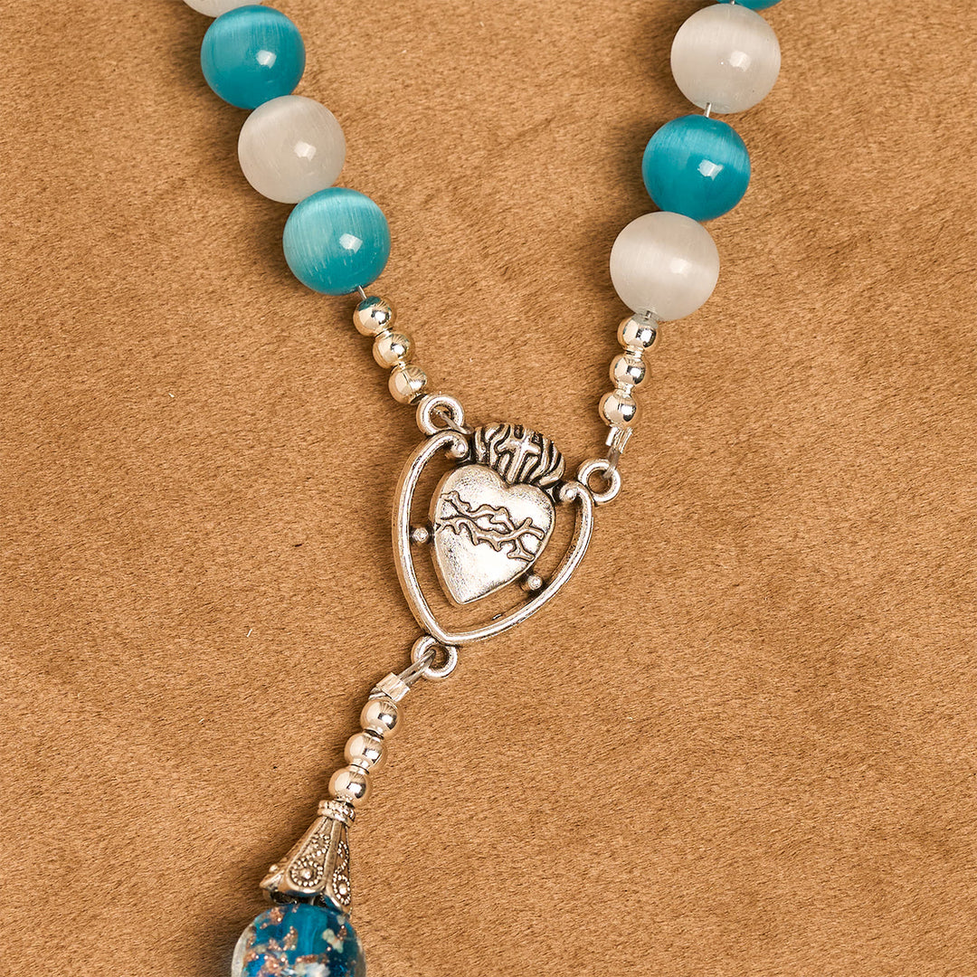 Christianartworkshop Glittering Cat's Eye Stone & Blue Star Glass Rosary with Sacred Heart - image 6