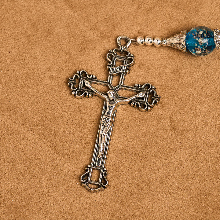 Christianartworkshop Glittering Cat's Eye Stone & Blue Star Glass Rosary with Sacred Heart - image 7