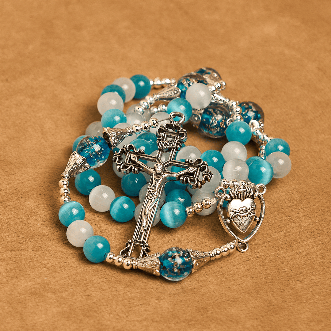 Christianartworkshop Glittering Cat's Eye Stone & Blue Star Glass Rosary with Sacred Heart - image 8